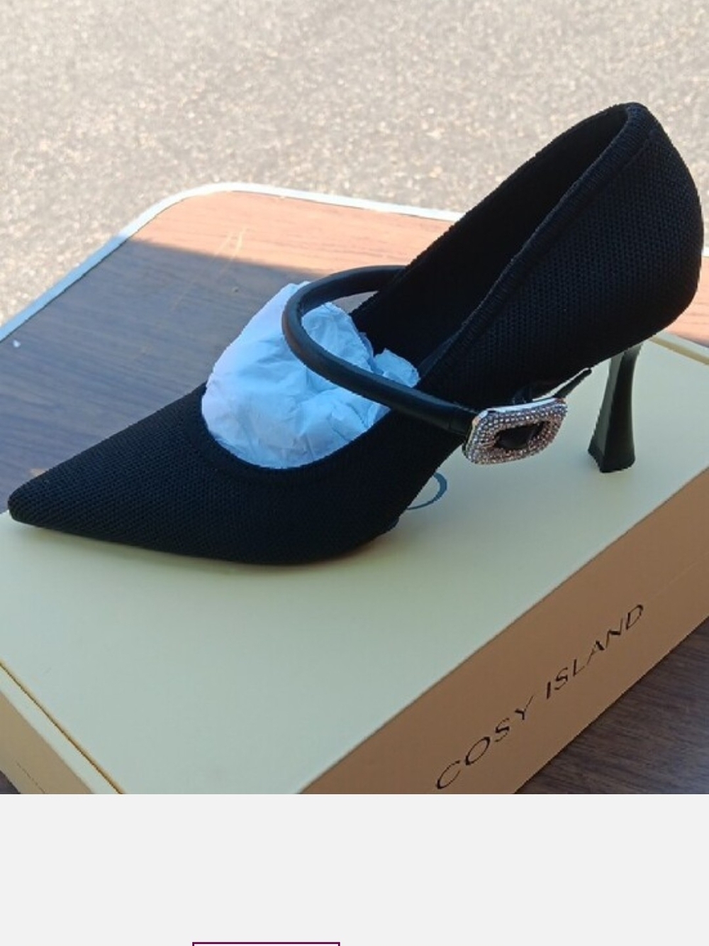 COSY ISLAND Black Pointed Mary Jane Heels with Crystal Buckle
